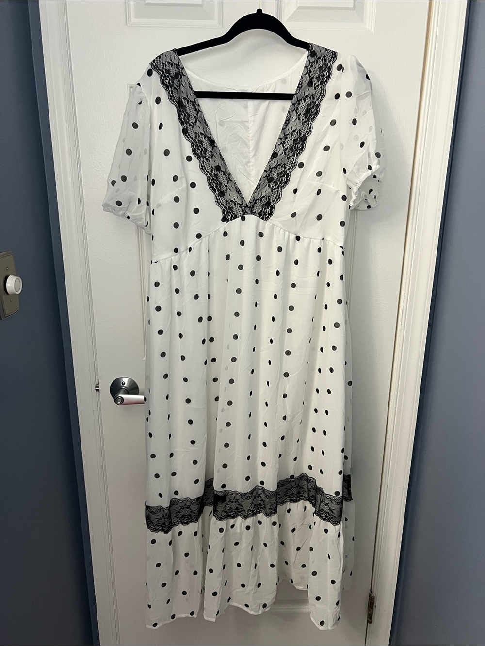 White Maxi Dress with Black Polka Dots and Black Lace